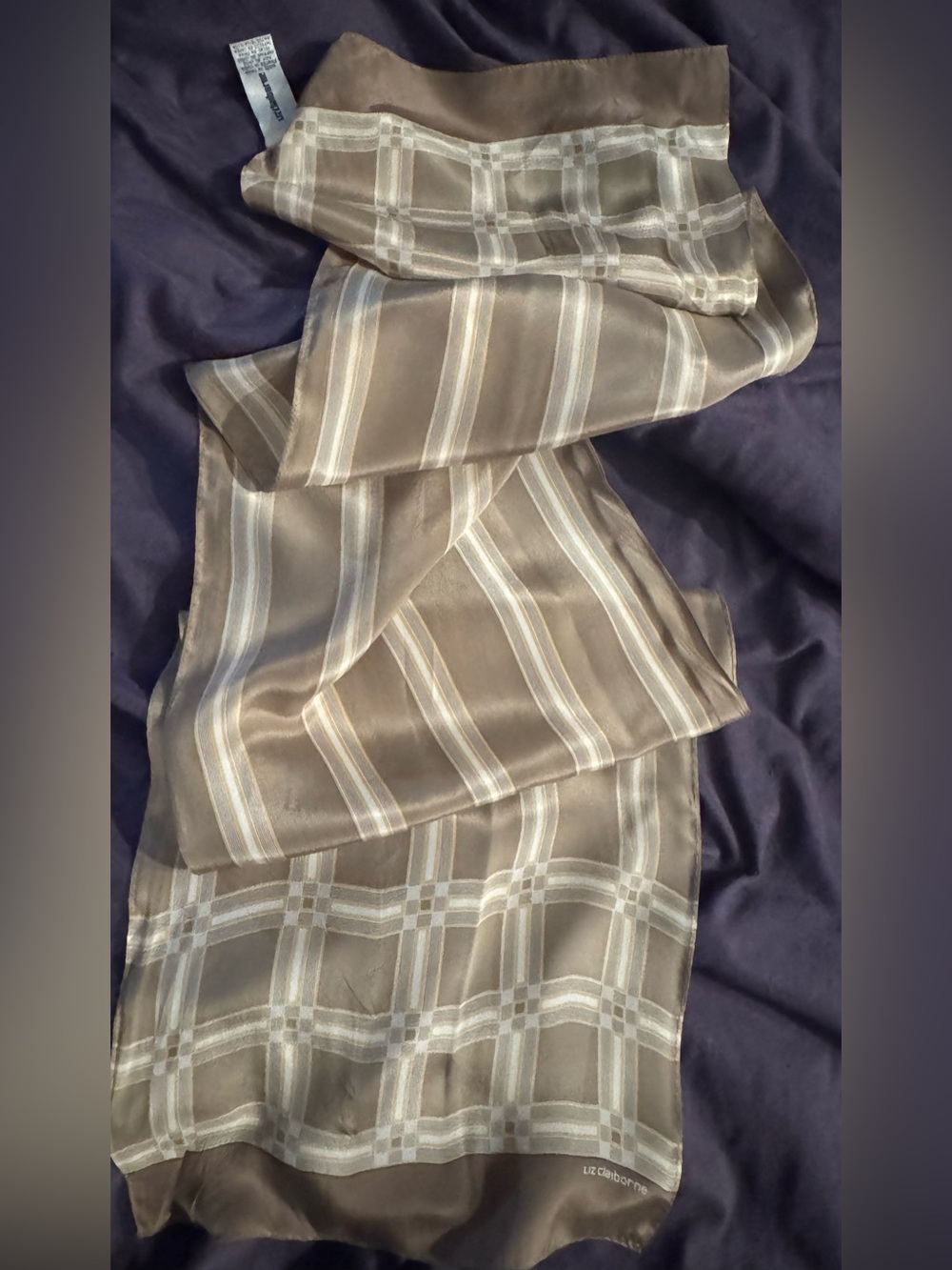 Vintage Liz Claiborne Taupe Striped & Windowpane Silk Scarf